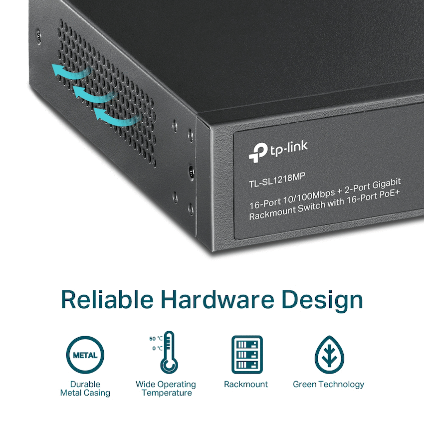 TP-Link TL-SL1218MP 16-Port 10/100Mbps + 2-Port Gigabit Rackmount Switch with 16-Port PoE+