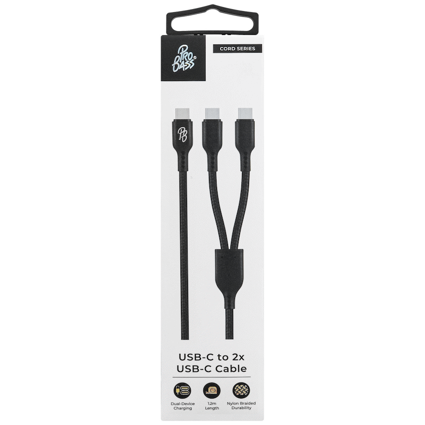 Pro Bass Cord Series 1.2m 15w USB-C to 2x USB-C Braided - Black