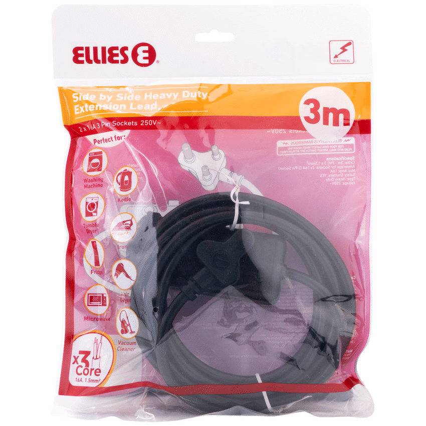 Ellies Side-by-Side Heavy-Duty Extension Lead - 3m - Black