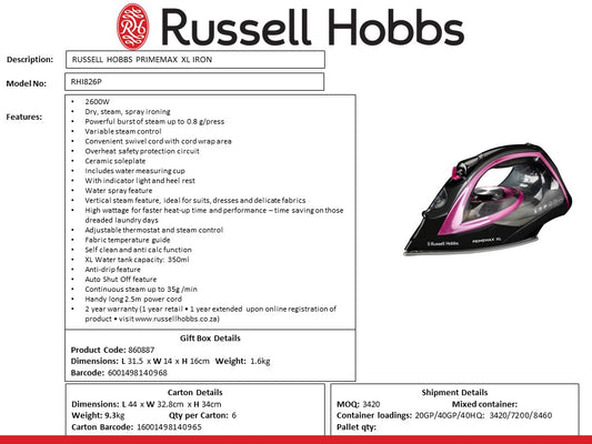RHI826P Russell Hobbs 2600W PRIME MAX Steam Iron