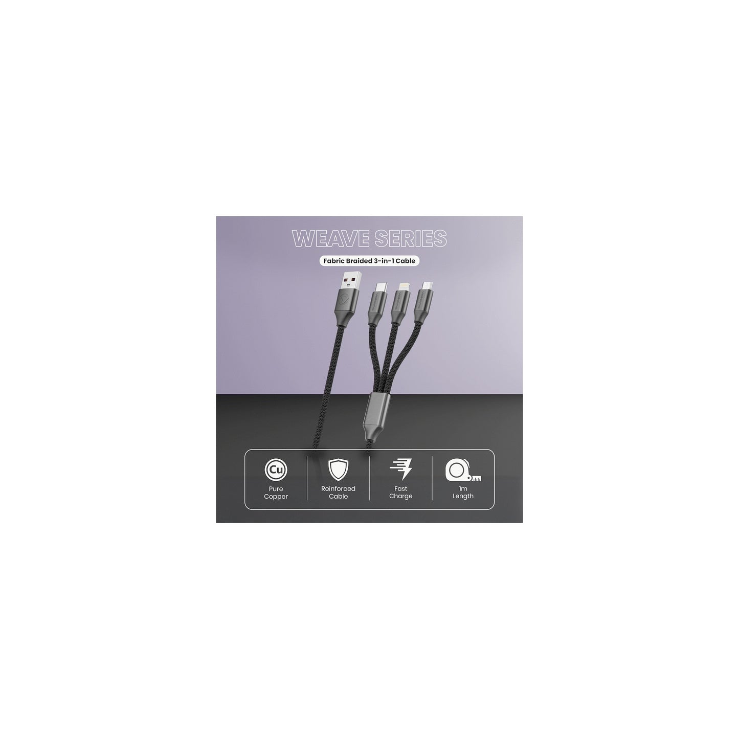 Volkano Weave Series Fabric Braided 3 In 1 Type Clightningmicro Cable 1M Black - Everyday Elektronics South Africa