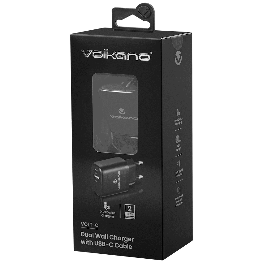 Volkano Volt-C Series Dual USB and USB-C Wall Charger with USB to USB-C Cable Included