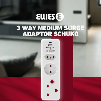 Ellies 3 Way Surge adaptor Schuko,with type C + USB - WT