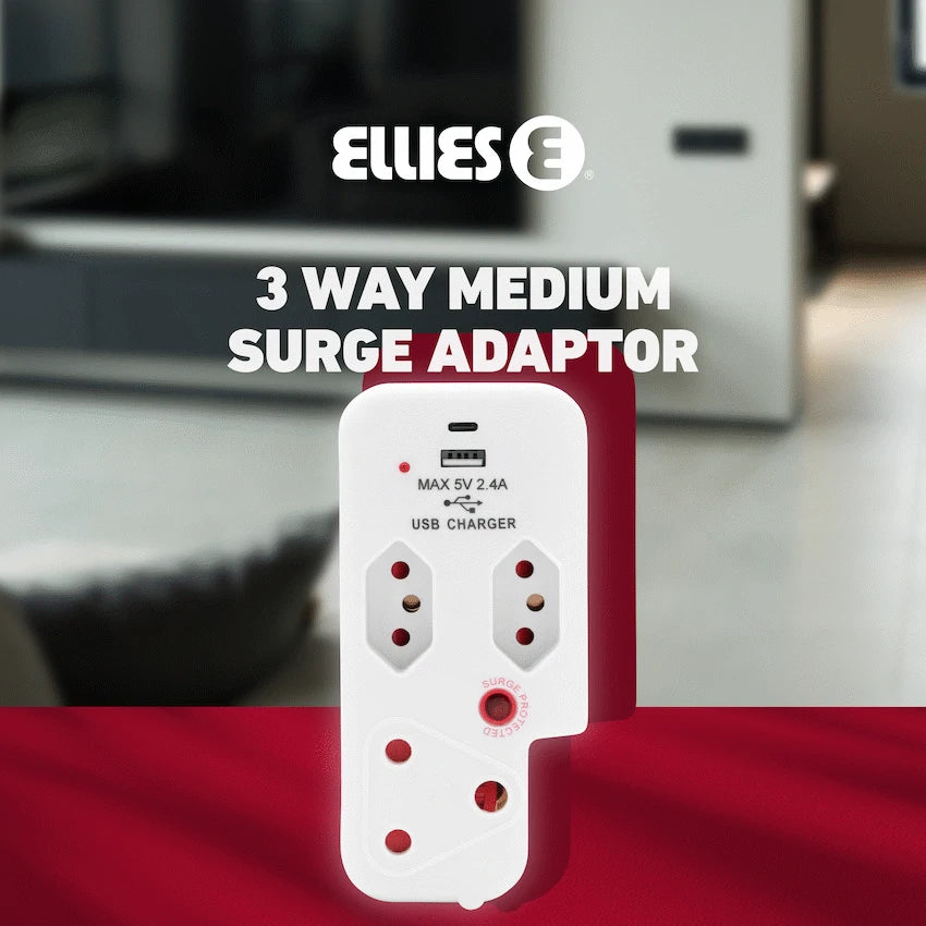 Ellies 3 Way Surge Adaptor with Type C + USB - WT