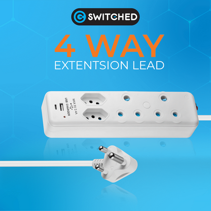 Switched 4-Way Extension Lead with 1x Type-C + 1x USB - 2m