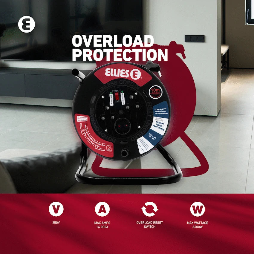 Ellies Heavy Duty Surge Protected Extension Reel 10m - BK