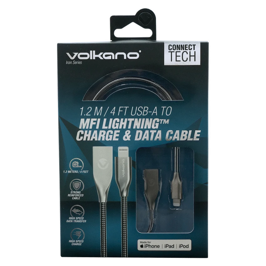 Volkano Iron Series Round Metallic Spring MFI Lightning Cable 1.2m - Silver