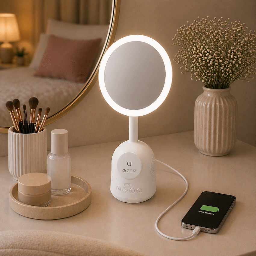 ZEN Unify Series Wireless Phone Charger with Bluetooth Speaker and Mirror - White