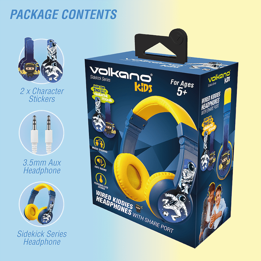Volkano Sidekick Series Wired Kiddies Headphones with Share Port - Yellow/Blue