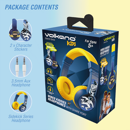 Volkano Sidekick Series Wired Kiddies Headphones with Share Port - Yellow/Blue