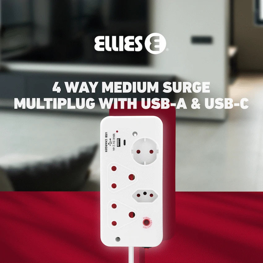 Ellies 4-Way Surge Multiplug with USB-A+USB-C 0.5m - WT