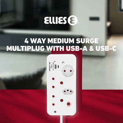 Ellies 4-Way Surge Multiplug with USB-A+USB-C 0.5m - WT