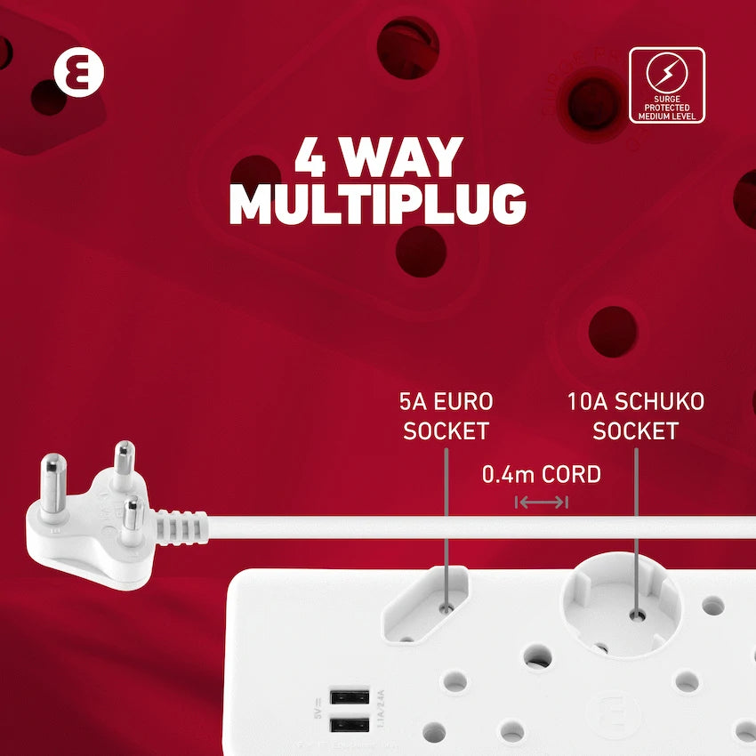 Ellies 4-Way Multiplug - 2 x USB 2.4a - 0.4m
