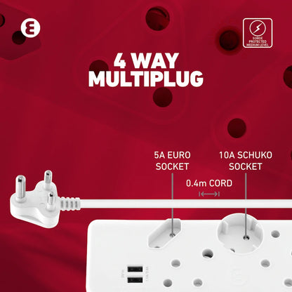 Ellies 4-Way Multiplug - 2 x USB 2.4a - 0.4m