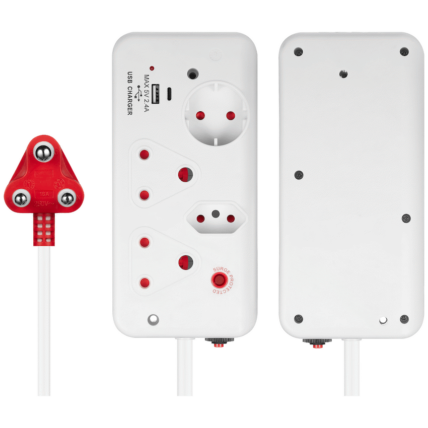 Switched 4-Way with 1x Type-C + 1x USB 2.4a Socket Medium Surge-Protected 0.5m