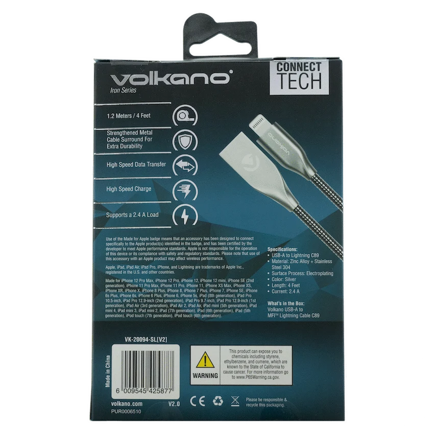 Volkano Iron Series Round Metallic Spring MFI Lightning Cable 1.2m - Silver