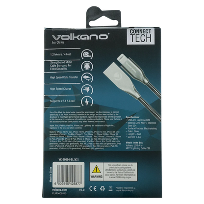 Volkano Iron Series Round Metallic Spring MFI Lightning Cable 1.2m - Silver