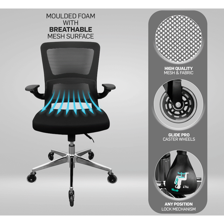 Everfurn Premium Dakota Mid Back Office Chair, Chromed Steel - Black