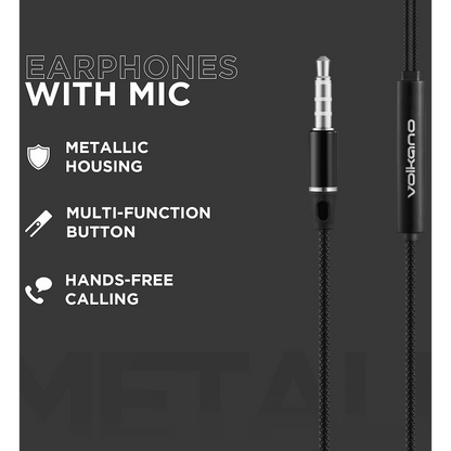Volkano Earphones with Mic - STANNIC SERIES - Black