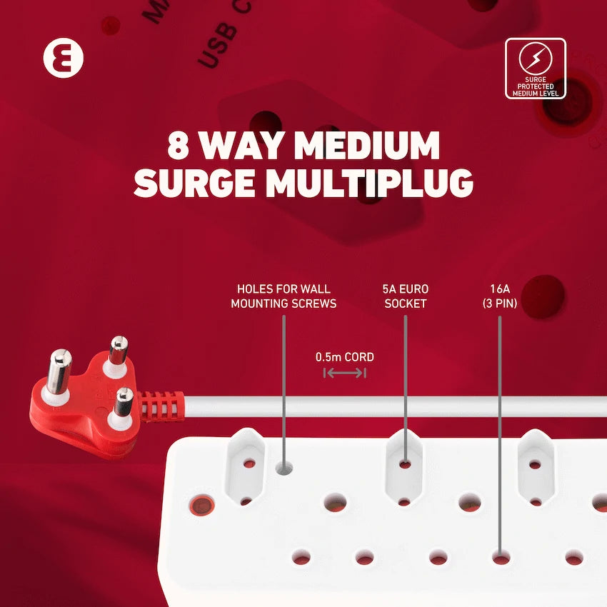 Ellies 8-Way Surge Multiplug 0.5m - WT