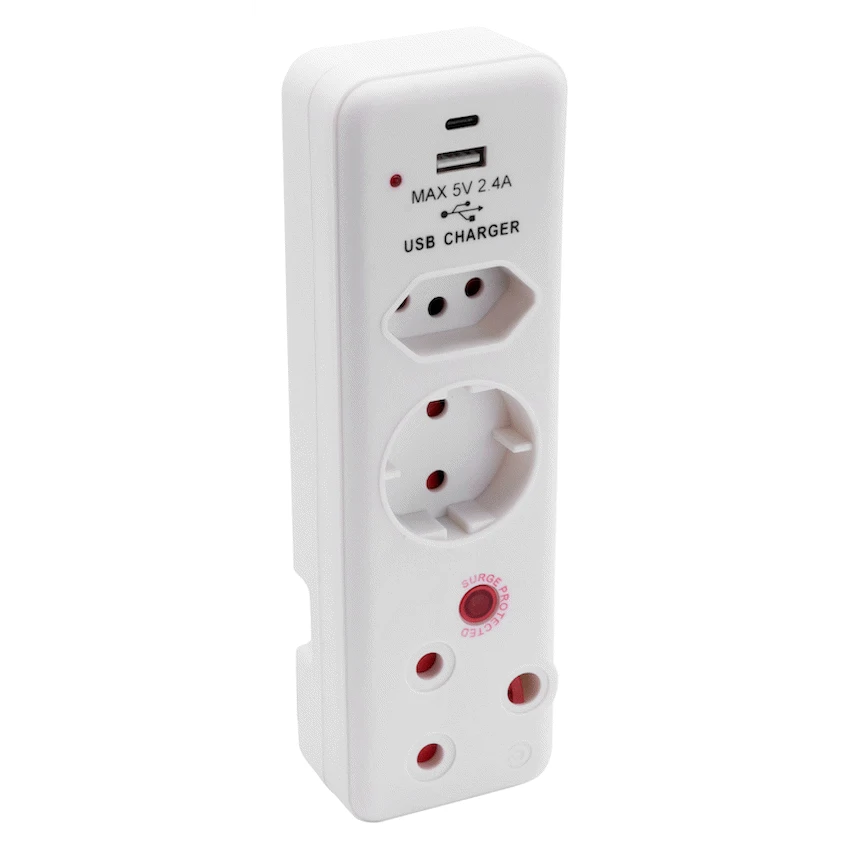 Ellies 3 Way Surge adaptor Schuko,with type C + USB - WT