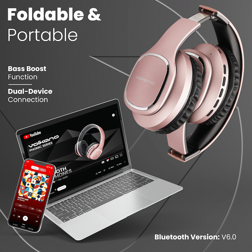 Volkano Phonic Series Bluetooth Full-Size Headphones - Rose Gold