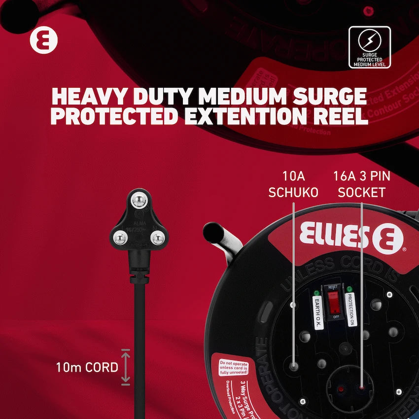 Ellies Heavy Duty Surge Protected Extension Reel 10m - BK