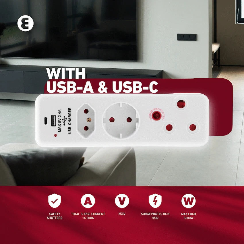 Ellies 3 Way Surge adaptor Schuko,with type C + USB - WT