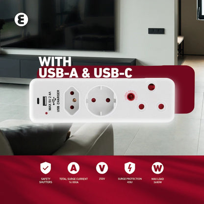 Ellies 3 Way Surge adaptor Schuko,with type C + USB - WT