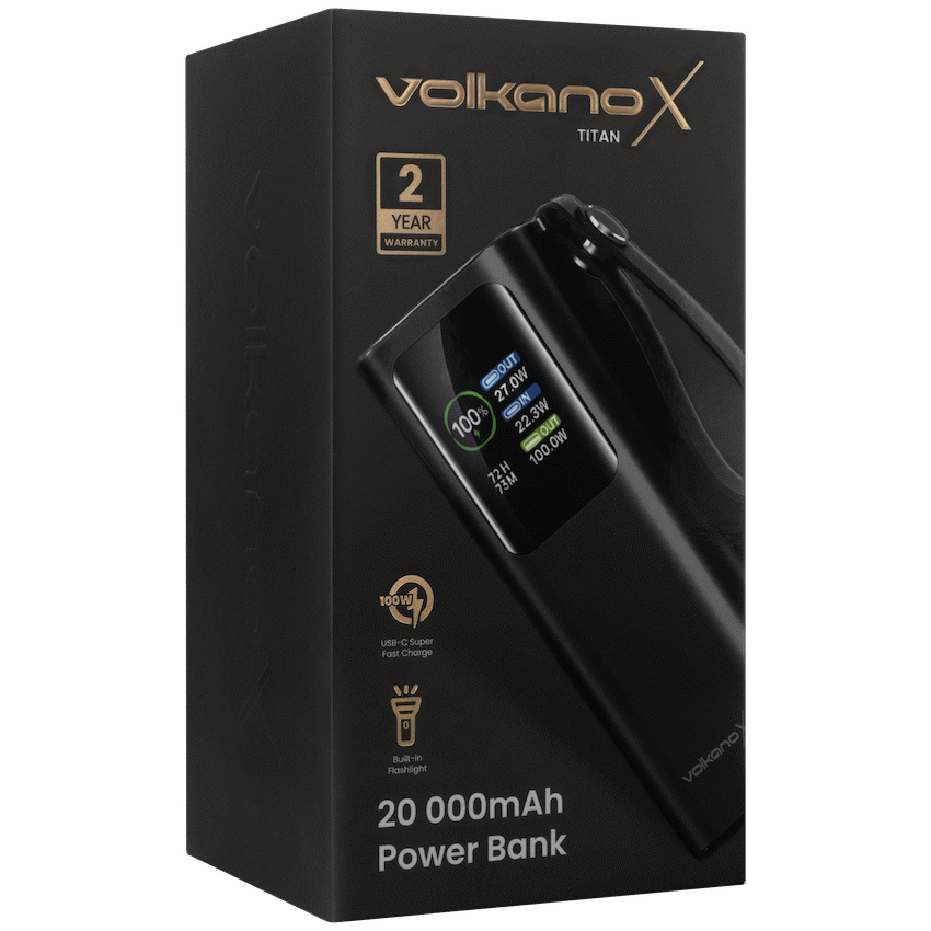 VolkanoX Titan Series - 20 000 mAh - Power Bank with retractable Type-C Cable with Flashlight
