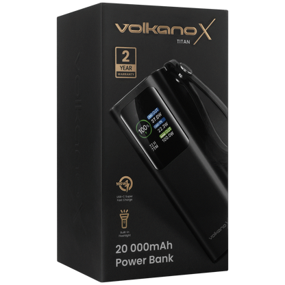 VolkanoX Titan Series - 20 000 mAh - Power Bank with retractable Type-C Cable with Flashlight