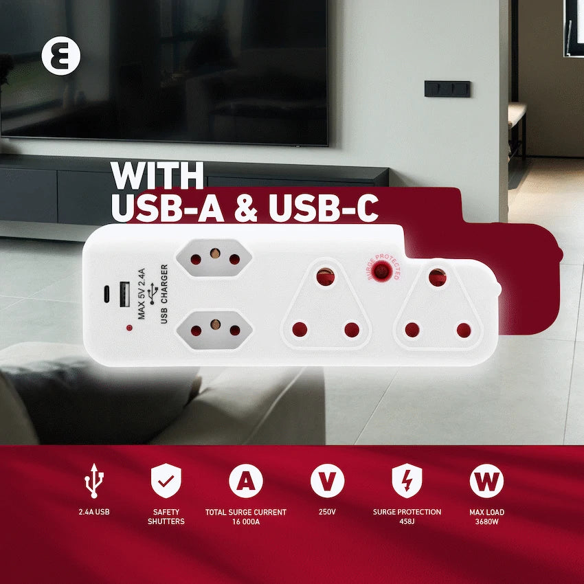 Ellies  4 Way Surge adaptor with type C + USB - WT