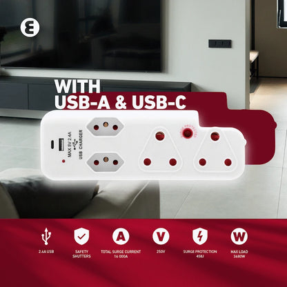 Ellies  4 Way Surge adaptor with type C + USB - WT