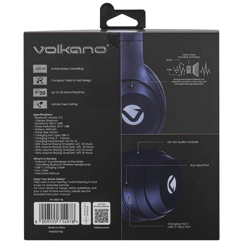Volkano SoundSweeper Series Active Noise Cancelling bluetooth Headphones - Blue