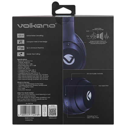Volkano SoundSweeper Series Active Noise Cancelling bluetooth Headphones - Blue