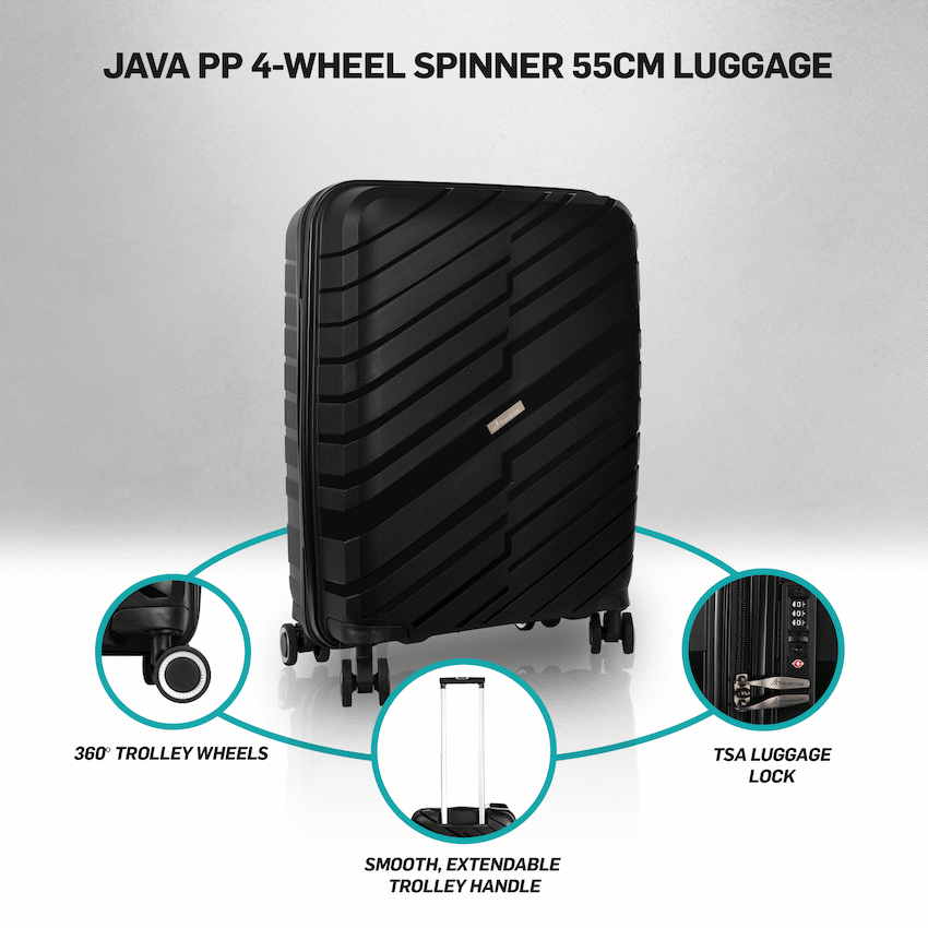 Travelwize Java PP 4-Wheel Spinner 55cm Luggage - Black