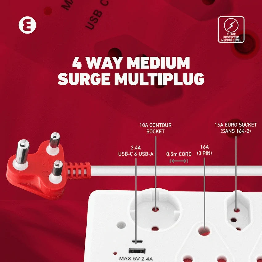 Ellies 4-Way Surge Multiplug with USB-A+USB-C 0.5m - WT