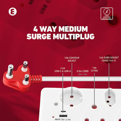 Ellies 4-Way Surge Multiplug with USB-A+USB-C 0.5m - WT