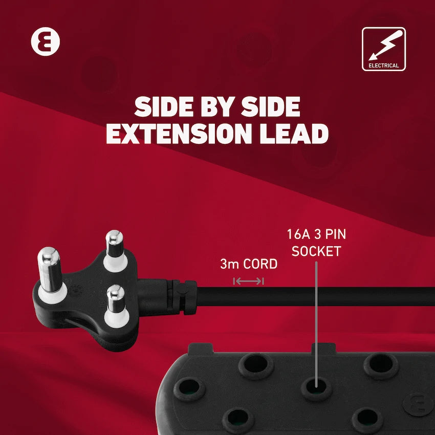Ellies Side-by-Side Light-Duty Extension Lead - 3m - Black
