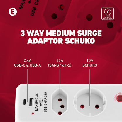Ellies 3 Way Surge adaptor Schuko,with type C + USB - WT