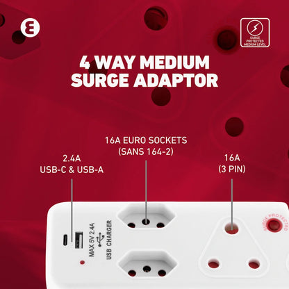 Ellies  4 Way Surge adaptor with type C + USB - WT