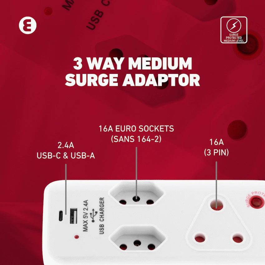 Ellies 3 Way Surge Adaptor with Type C + USB - WT