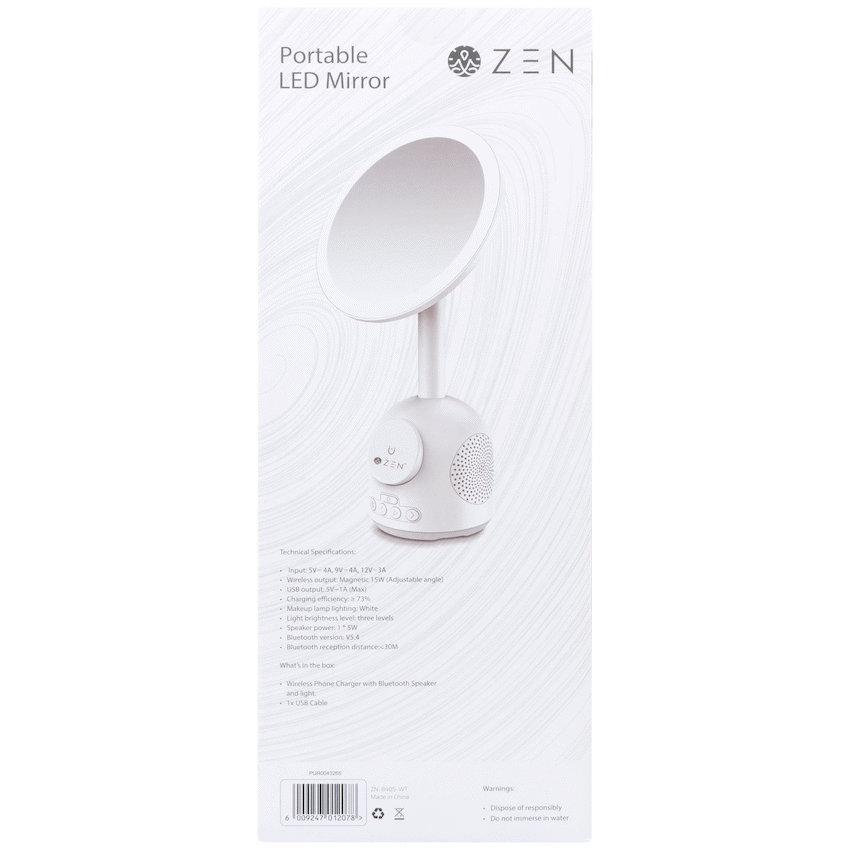 ZEN Unify Series Wireless Phone Charger with Bluetooth Speaker and Mirror - White
