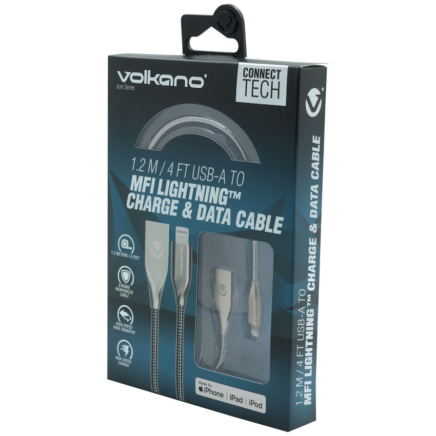 Volkano Iron Series Round Metallic Spring MFI Lightning Cable 1.2m - Silver