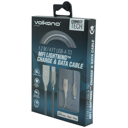 Volkano Iron Series Round Metallic Spring MFI Lightning Cable 1.2m - Silver