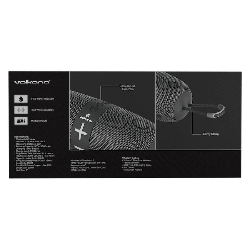 Volkano Flow Series Portable Bluetooth Speaker - Black with Grey Buttons