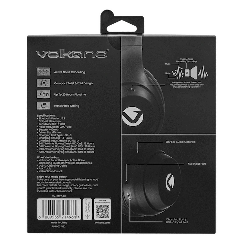 Volkano SoundSweeper Series Active Noise Cancelling bluetooth Headphones - Black