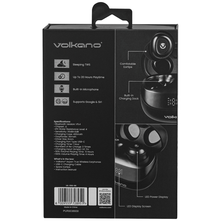 Volkano Aspen True Wireless Earphones - Black