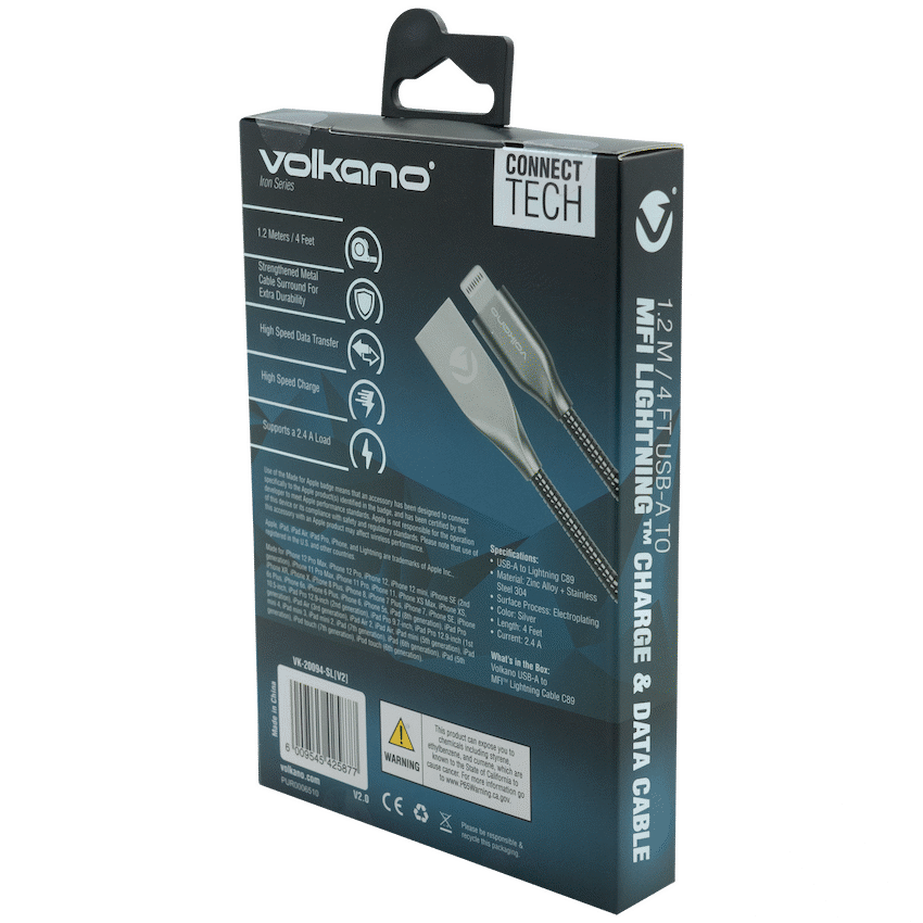 Volkano Iron Series Round Metallic Spring MFI Lightning Cable 1.2m - Silver