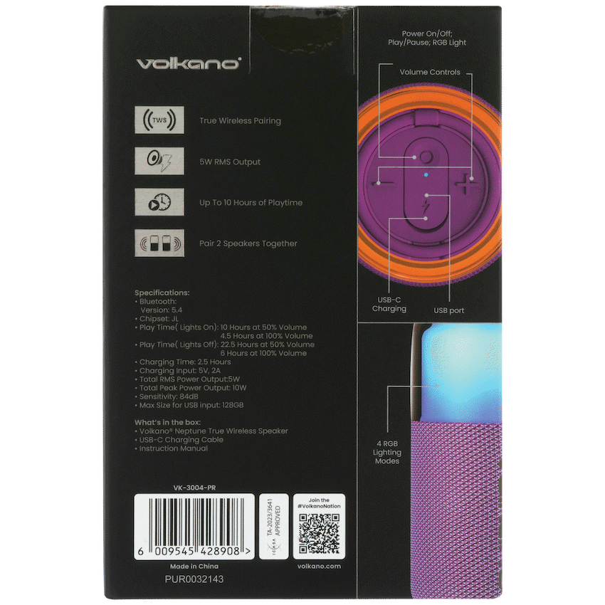 Volkano Neptune Bluetooth Wireless Speaker - Purple